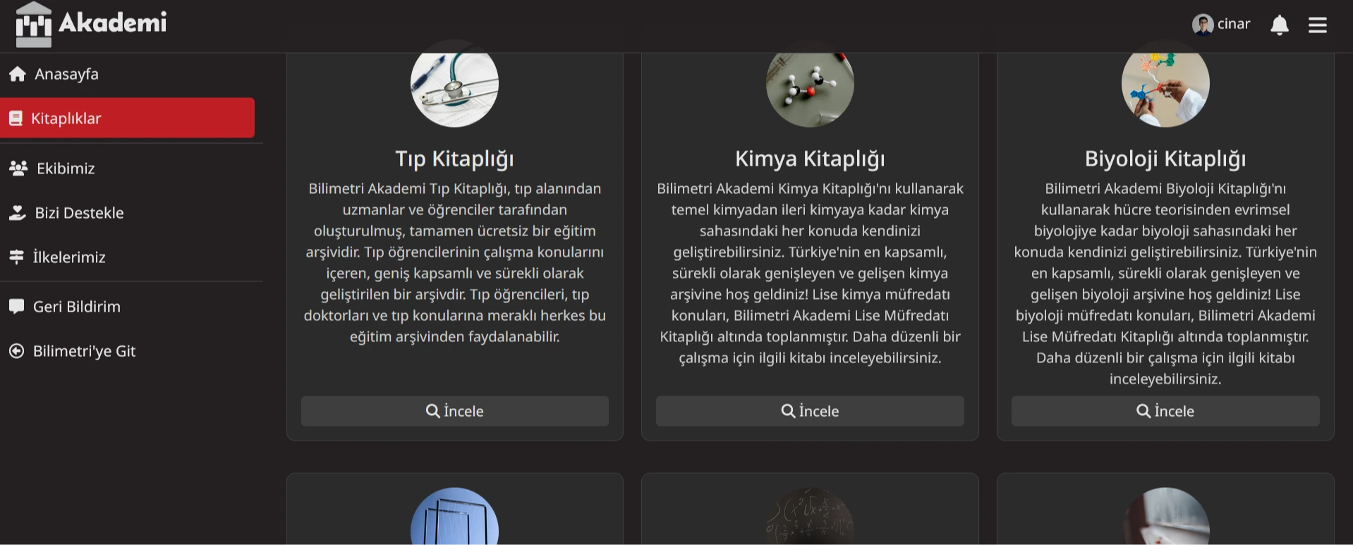 Bilimetri Akademi kitaplıklarını gösteren bir görsel.